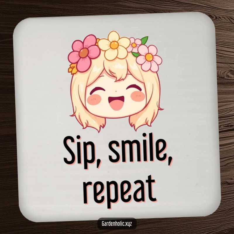 Funny drink coaster featuring a joyful character wearing a flower crown and beaming with happiness.