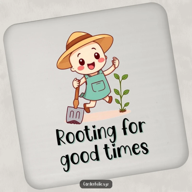 Funny drink coaster showcasing a cheerful gardening hoe in a happy hopping pose, protecting surfaces with quirky garden humor.