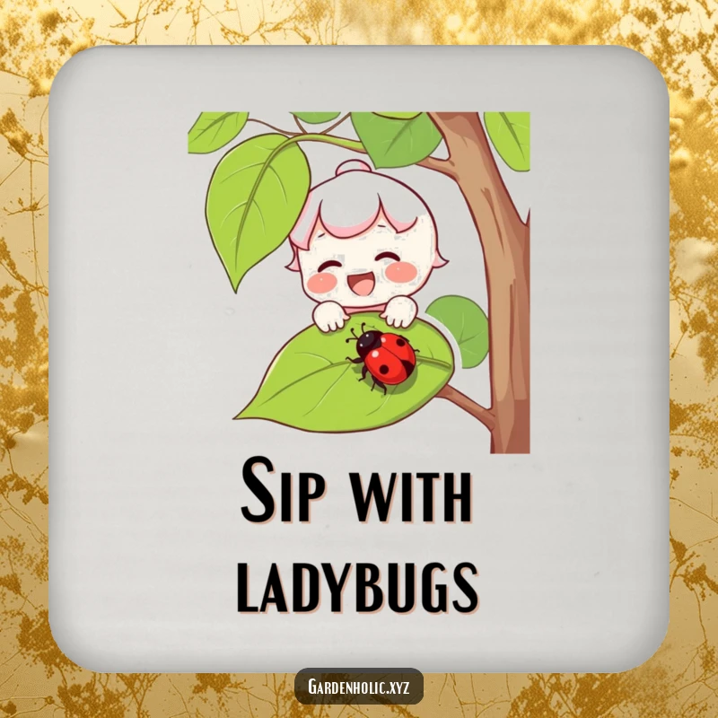 Funny drink coasters featuring a joyful character with rosy cheeks catching a falling ladybug on a leaf.