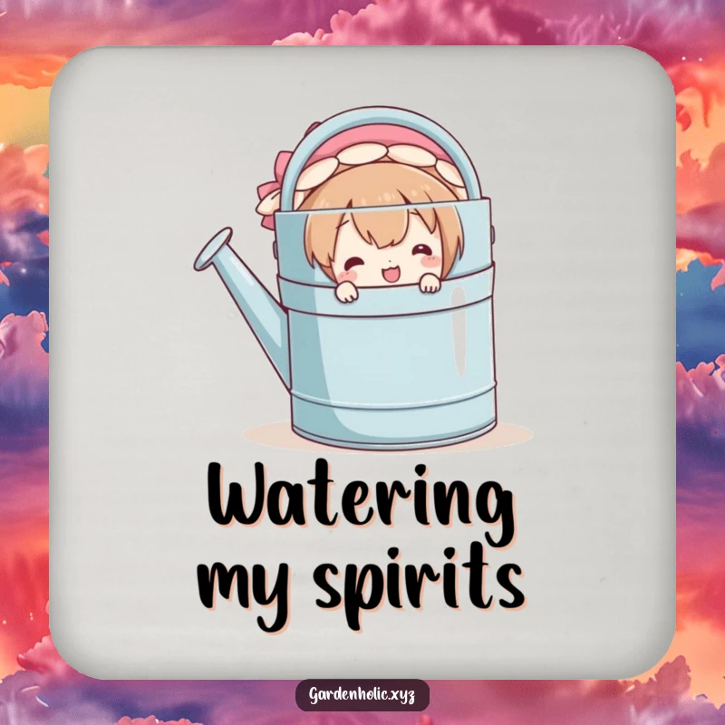 Funny drink coaster featuring a smiling character peeking from behind a large watering can, adding a playful touch indoors.