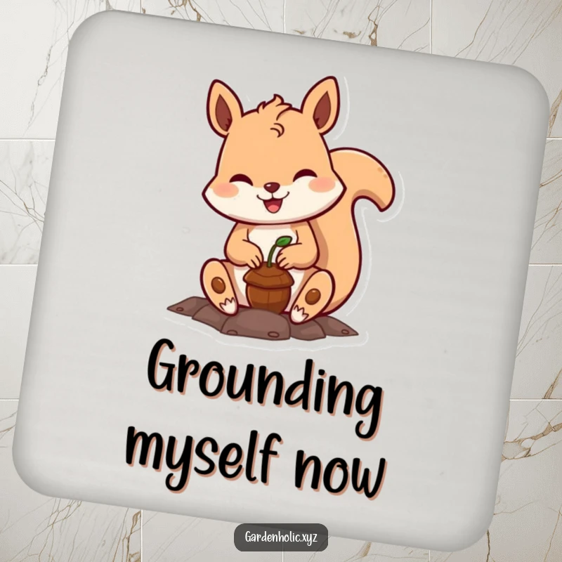 Funny squirrel acorn coaster, a smiling character planting a tiny seed, great for protecting tables with a cute and humorous touch.
