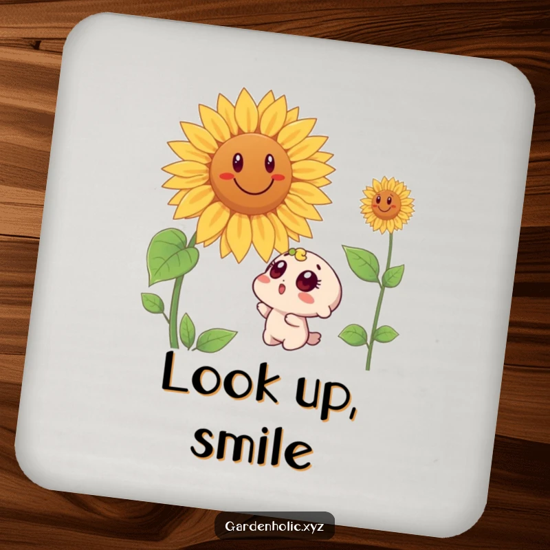 Funny drink coaster with a surprised character's wide eyes admiring a giant, beaming sunflower, a humorous and practical household item.