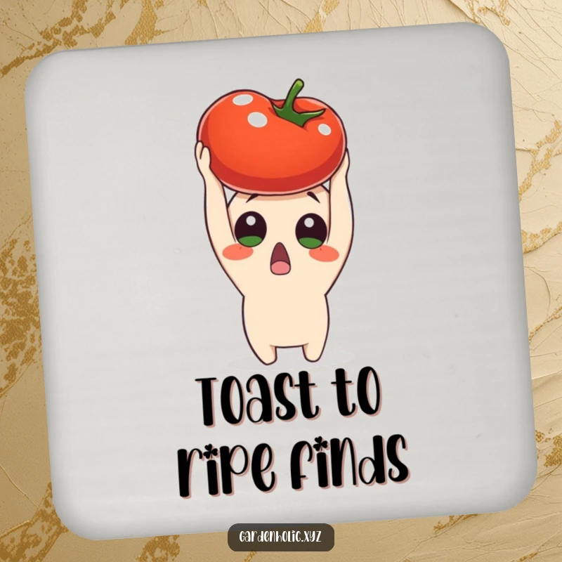 Funny surprised character holding a ripe tomato overhead, designed on drink coasters, adding harvest charm and humor to surfaces, a practical funny gift.