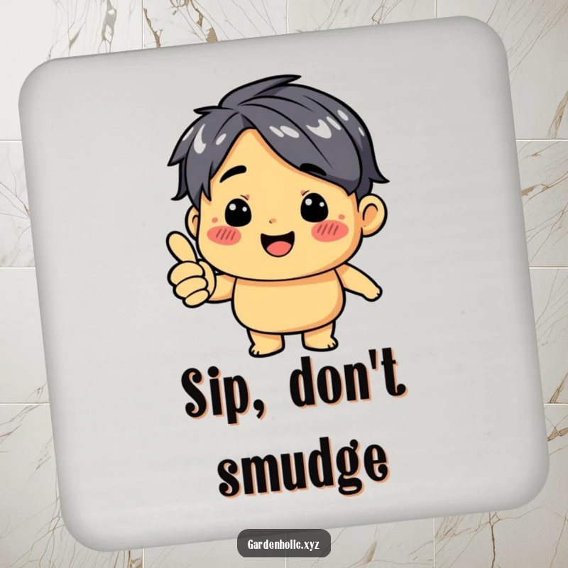 Funny drink coaster with a dirt-smudged character giving a thumbs up, protecting surfaces with a smile.