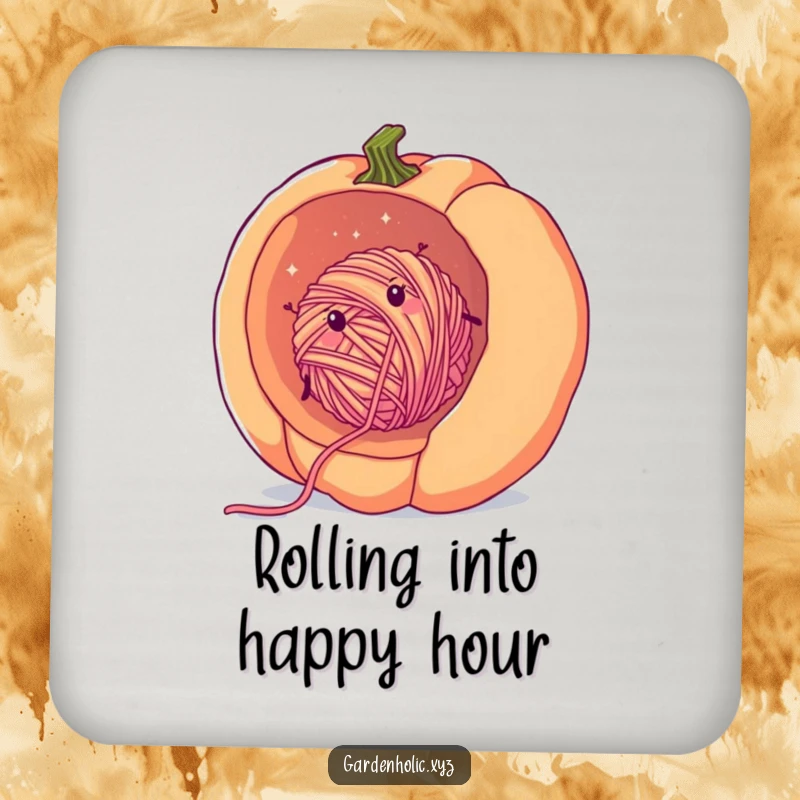 Funny yarn pumpkin coaster with a cheerful, fuzzy ball of yarn rolling inside a giant pumpkin, adding fall crafting humor.