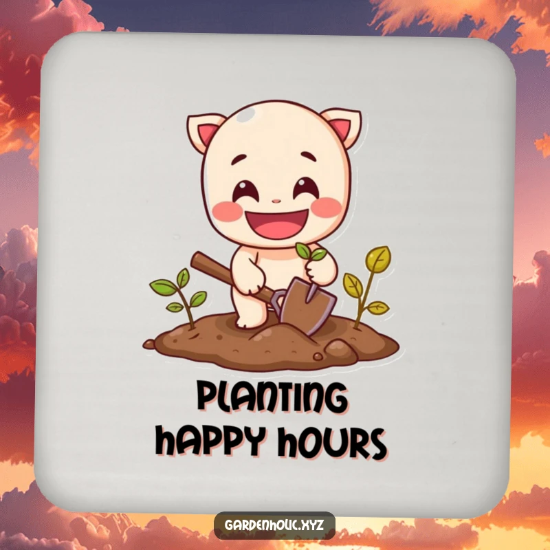 Funny drink coasters featuring a cheerful character with a wide grin planting a seed with a small shovel.