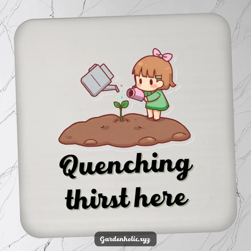 Funny drink coaster with a small character watering a tiny sprout, symbolizing gentle care and adding a cute touch.