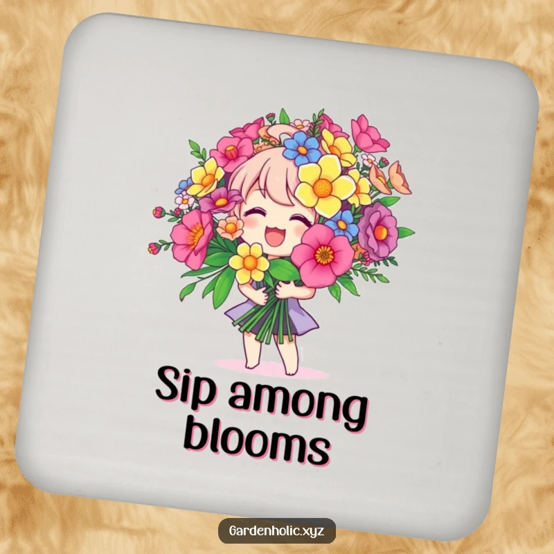 Funny drink coaster featuring a joyful character with a giant colorful bouquet, preventing spills with charm, a practical and funny gift.