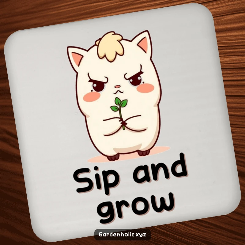 Funny drink coaster featuring a determined character with a tiny sprout, preventing spills with a smile, a practical and funny gift.
