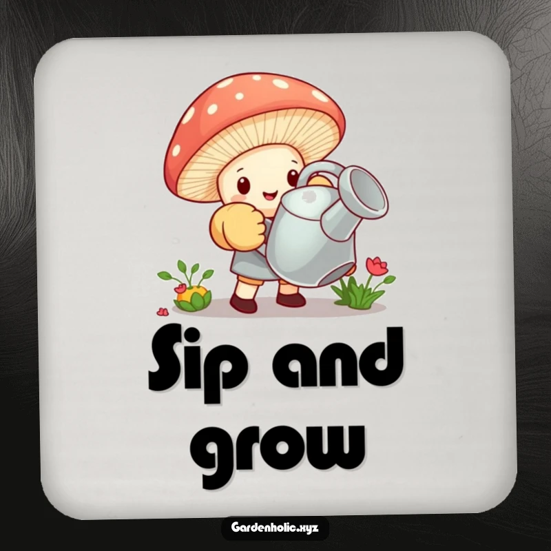 Funny drink coaster with a tiny mushroom in oversized gardening gloves struggling to lift a giant watering can, adding charm.