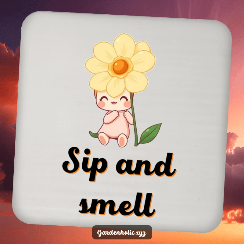 Funny drink coaster with a happy character admiring a vibrant, blooming flower, protecting surfaces with a touch of nature's joy.