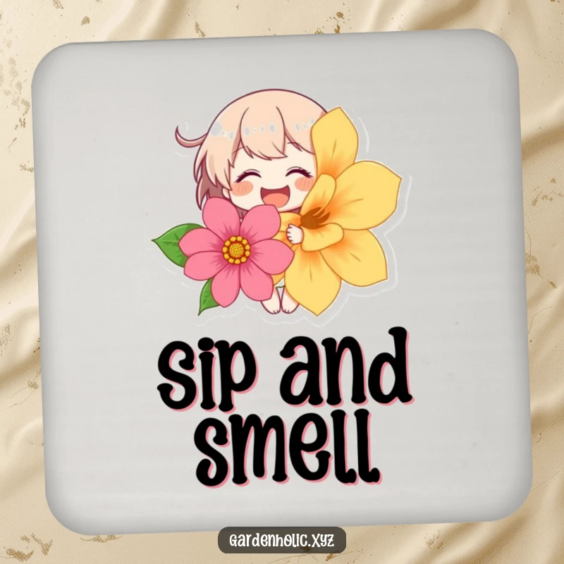 Funny drink coaster depicting a character giggling intensely while holding a beautiful flower, protecting surfaces with joy.