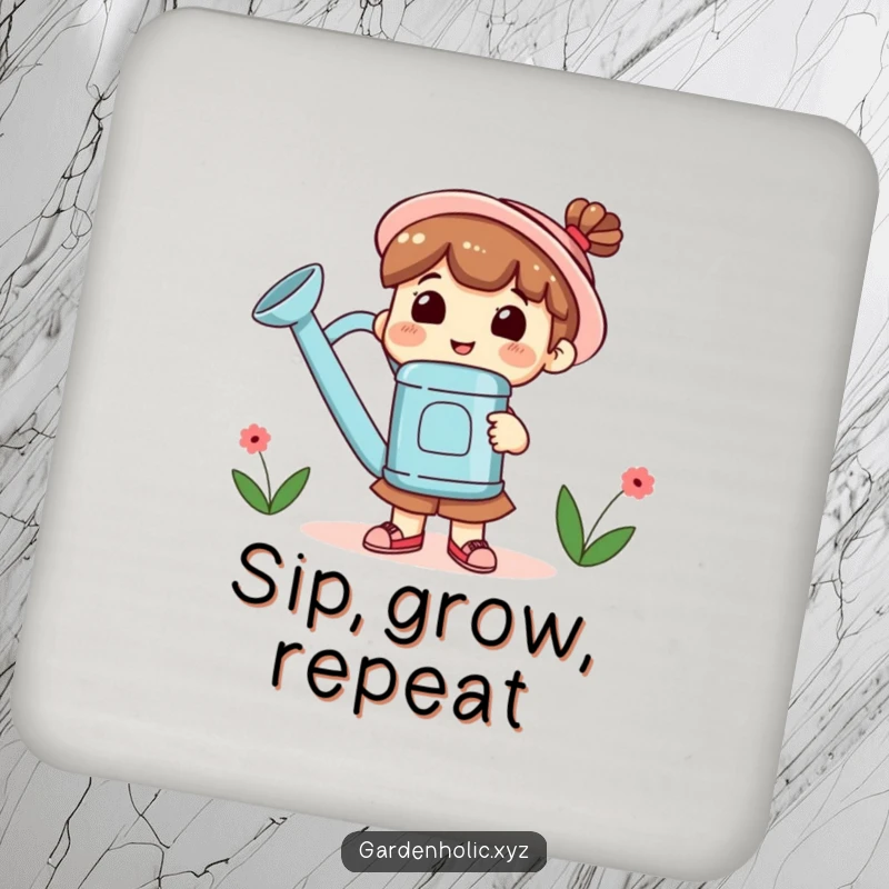 Funny Coasters featuring a smiling character holding a large watering can, protecting surfaces with botanical cheer.