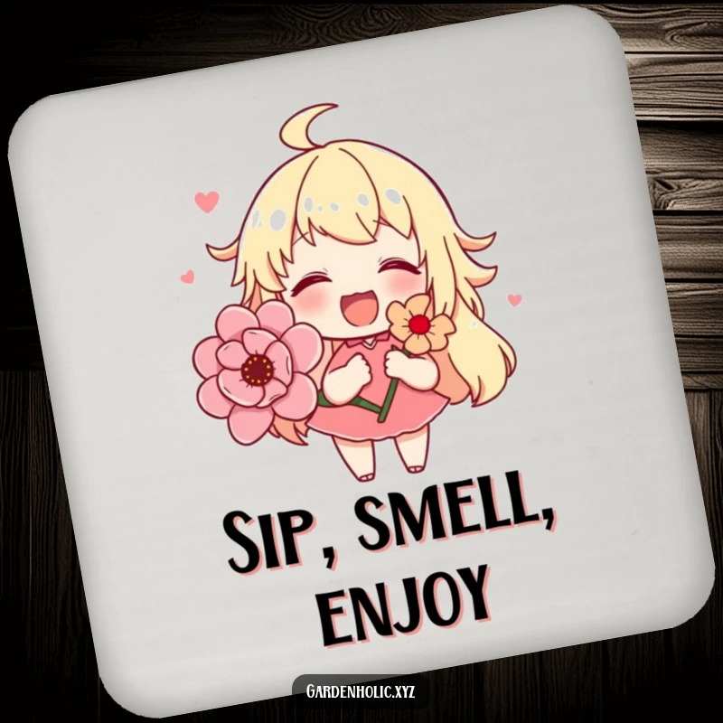 Funny drink coaster with a cute character joyfully presenting a colorful blooming flower, safeguarding surfaces with a touch of happiness.