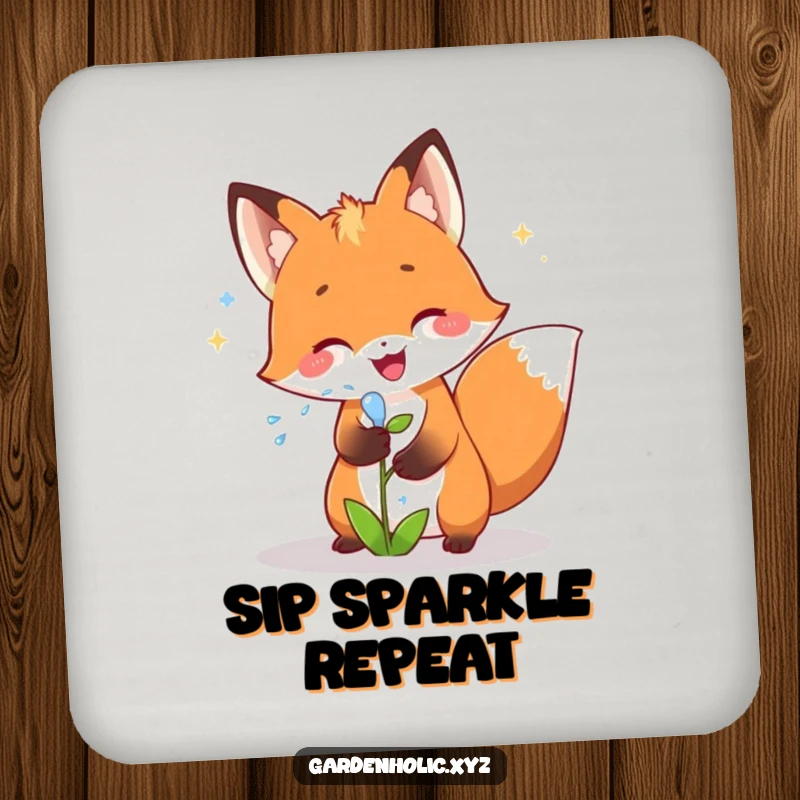 Funny fox coasters showing a joyful fox showering a small plant with sparkling water, ideal for protecting surfaces with a fun gift.