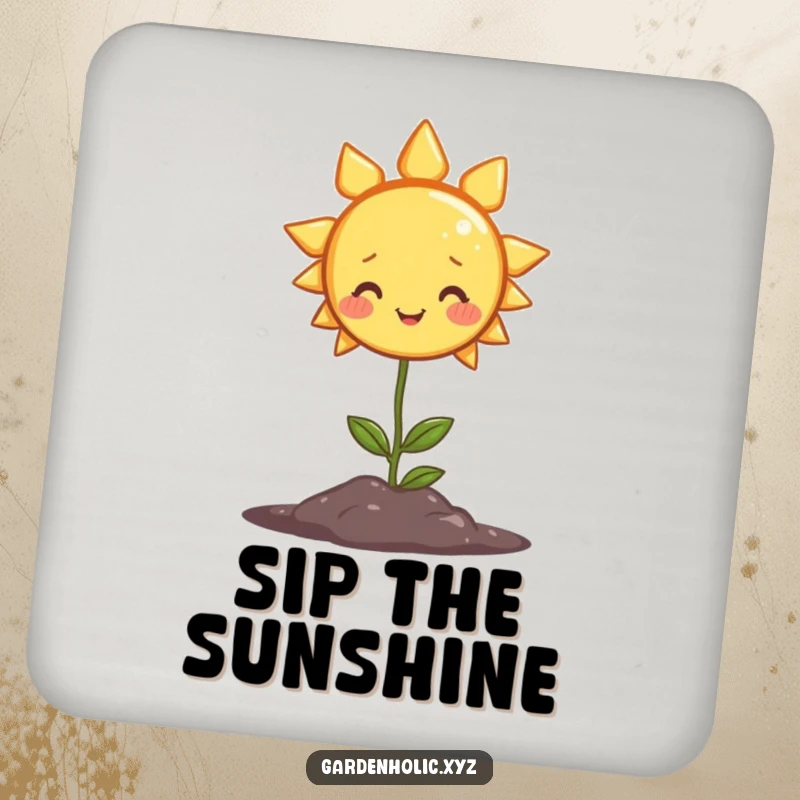 Funny drink coaster showcasing a smiling sun character shining warmly on a plant, offering humorous surface protection.