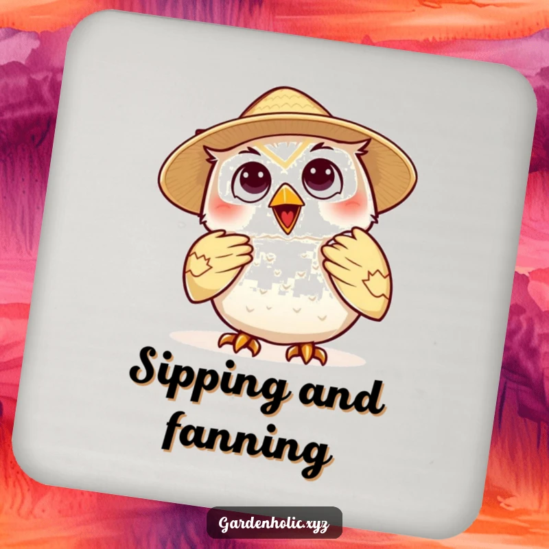 Funny owl straw hat coaster, a relaxed character fanning itself, perfect for protecting tables with a touch of summer humor.