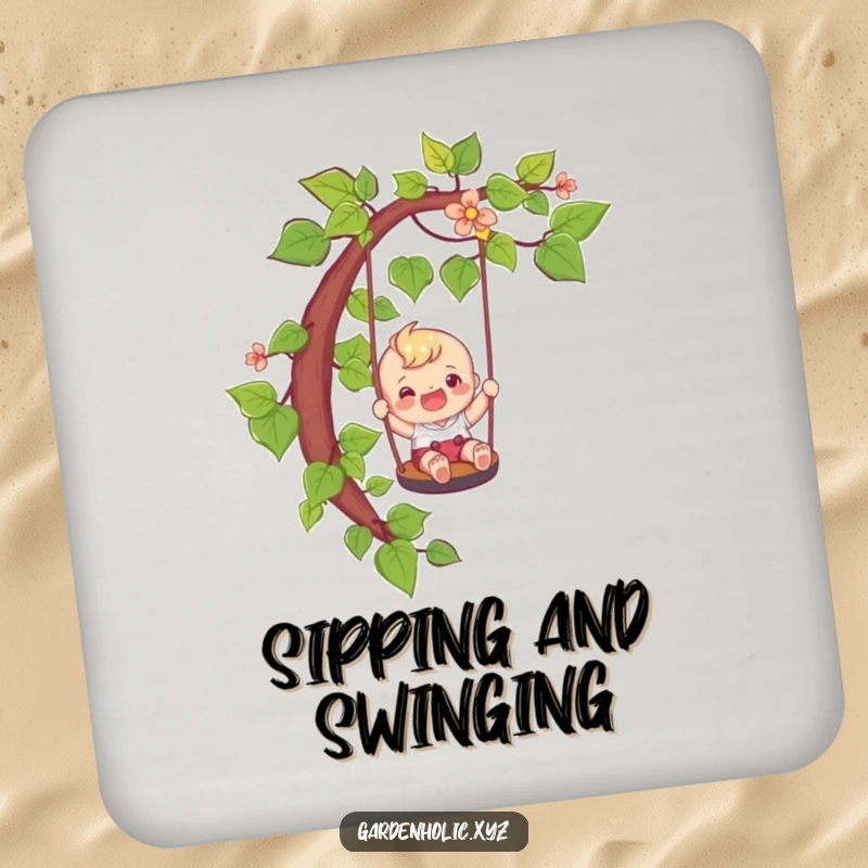 Funny adventure coaster with a happy character sliding down a vine like a playful swing, a delightful funny gift.