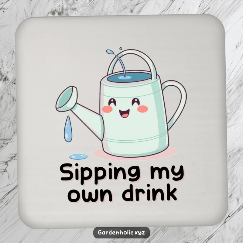 Funny watering can coaster with a tiny, delighted face comically spilling water onto its own spout, adding garden humor.