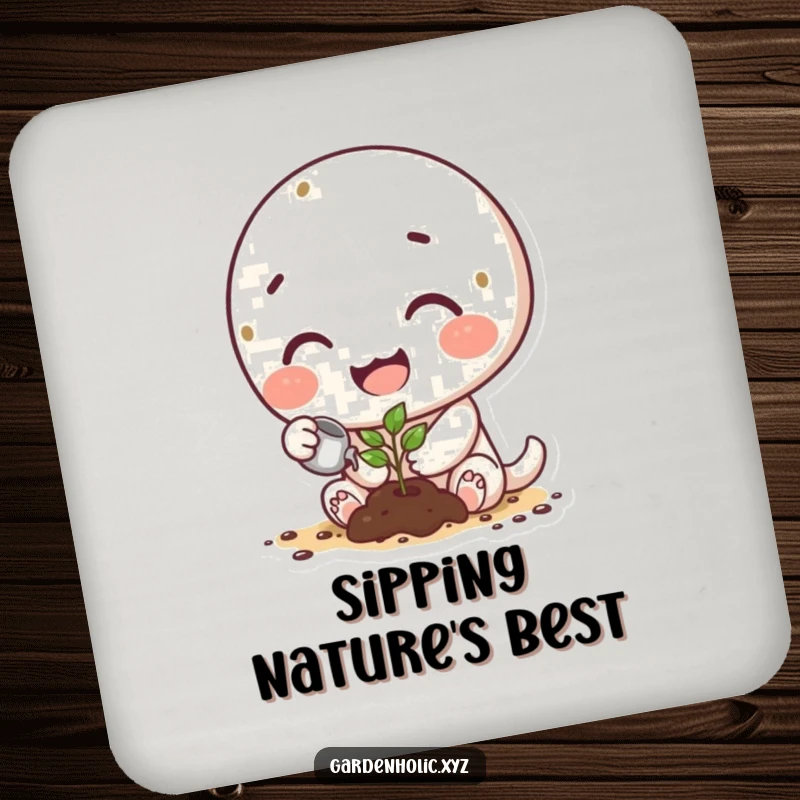 Funny drink coasters featuring a happy character with dirt smudges, watering a tiny sprout, celebrating nature.
