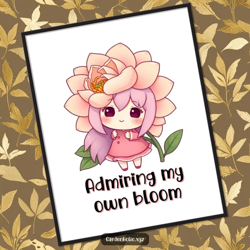 Funny poster art of a cheerful character admiring a large, freshly bloomed flower, creating a humorous and beautiful atmosphere on the wall.