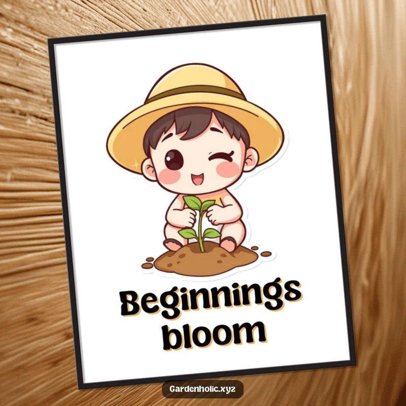 Funny Poster: Illustration of a character in a sun hat winking while planting a seed, symbolizing hope and possibility.