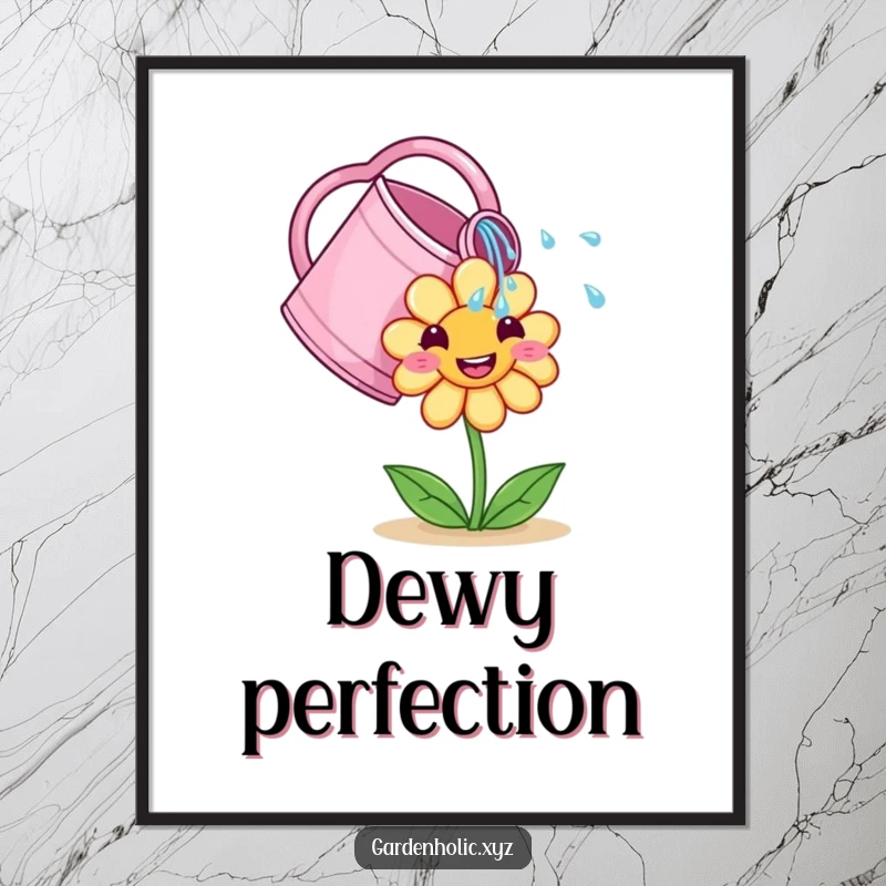 Funny Poster: A cute watering can showers a smiling flower with droplets, a humorous and charming illustration.