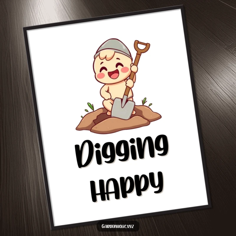 Funny poster illustrating a beaming character enthusiastically digging a pristine hole with a spade, a humorous ode to effort.