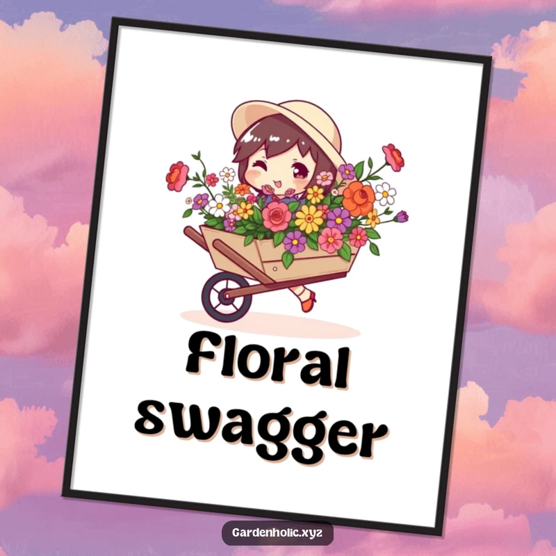 Funny poster art of a character with a confident swagger carrying a wheelbarrow brimming with colorful flowers.