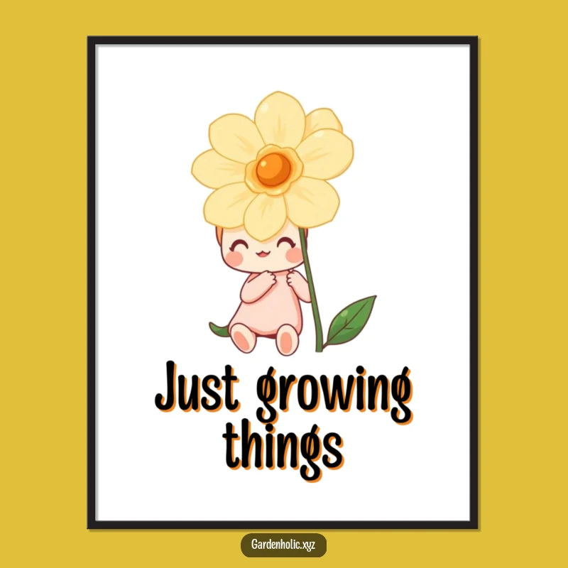 Funny Blooming Art Poster: Happy Character's Floral Fascination, Vibrant Wall Decor Gift