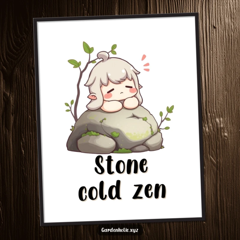 Funny poster art of a character in a state of blissful relaxation, sighing contentedly on a moss-covered stone.