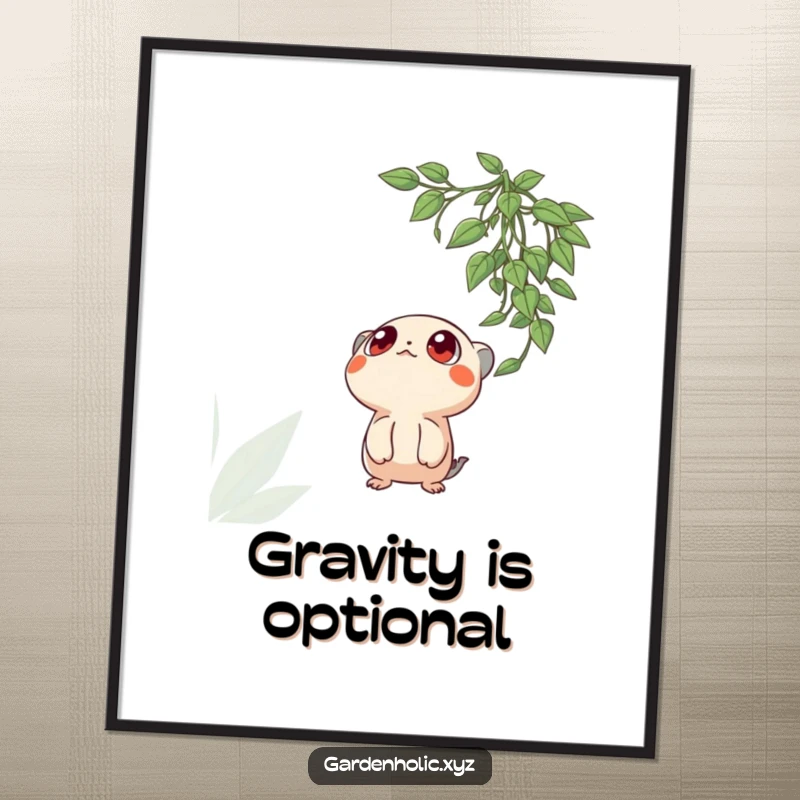 Funny poster displaying a creature with large, innocent eyes gazing up at a beautiful, leafy hanging plant, creating a sense of wonder.