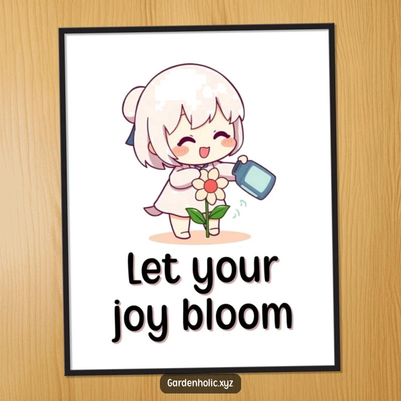 Funny character gleefully watering a small, smiling flower with a can on a poster, cheerful wall art symbolizing care, a funny gift.