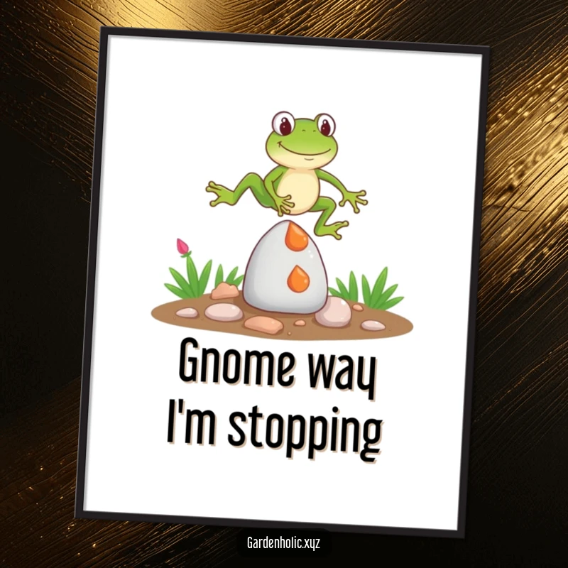 Funny Poster: A whimsical frog character in mid-jump over a bewildered garden gnome, creating a humorous and eye-catching wall decoration.