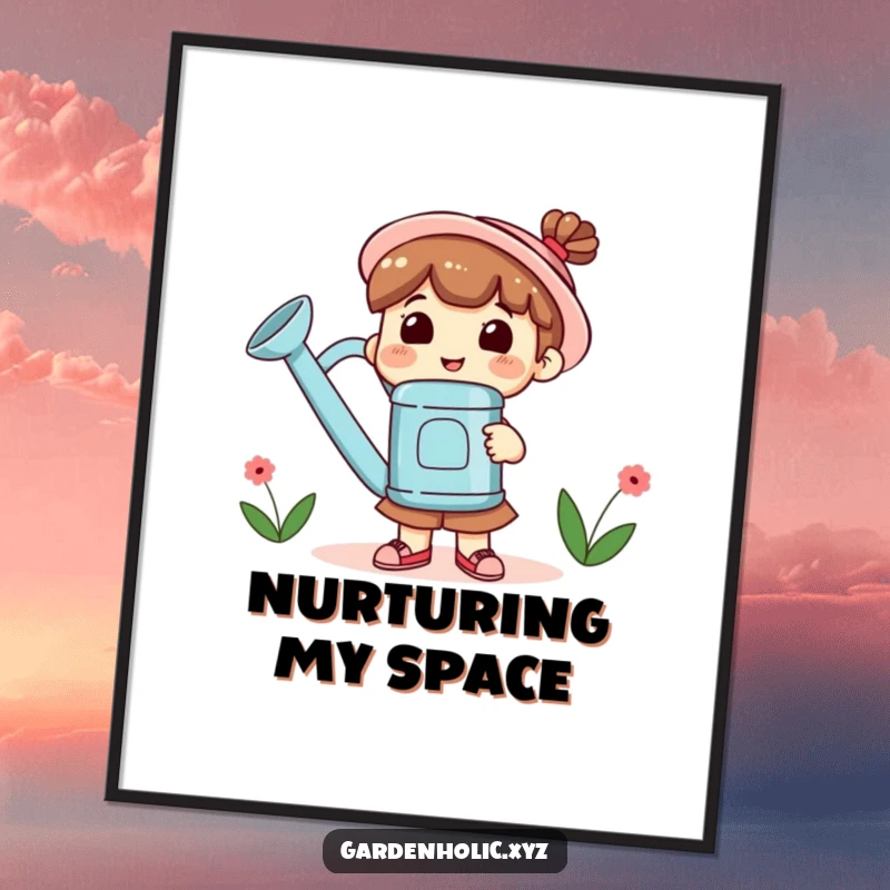 Funny Poster of a cute character with a wide smile holding an oversized watering can, symbolizing growth and care.