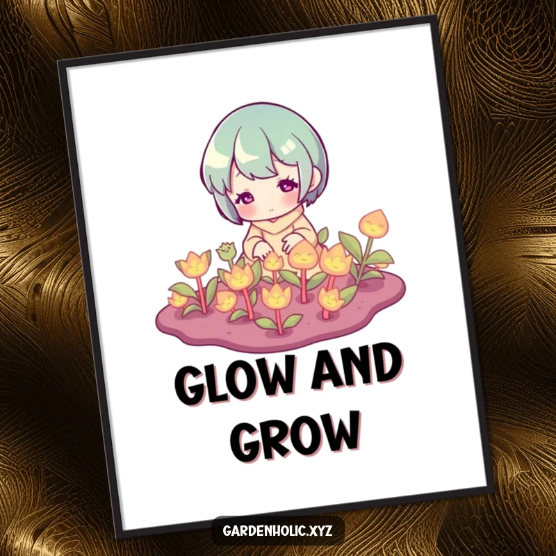 Funny Poster: A character lovingly tending to a patch of ethereal, glowing plants, creating a mystical ambiance.