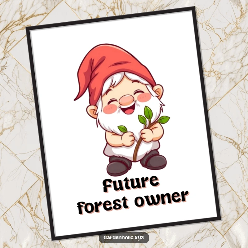 Funny gnome character with a sapling, spreading glee on a vibrant poster. Excellent humorous wall decor.