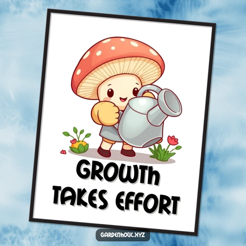 Funny poster art of a tiny mushroom wearing oversized gardening gloves, struggling to lift a giant watering can, symbolizing effort.