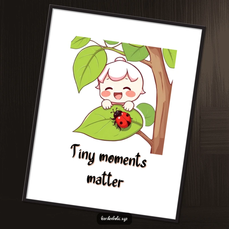 Funny poster of a joyful character with rosy cheeks gently catching a falling ladybug on a leaf, celebrating nature.