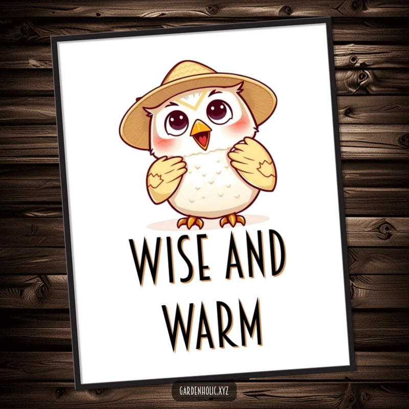 Funny owl fan poster, a smiling character wearing a straw hat and fanning itself, depicting a comical scene of summer leisure.