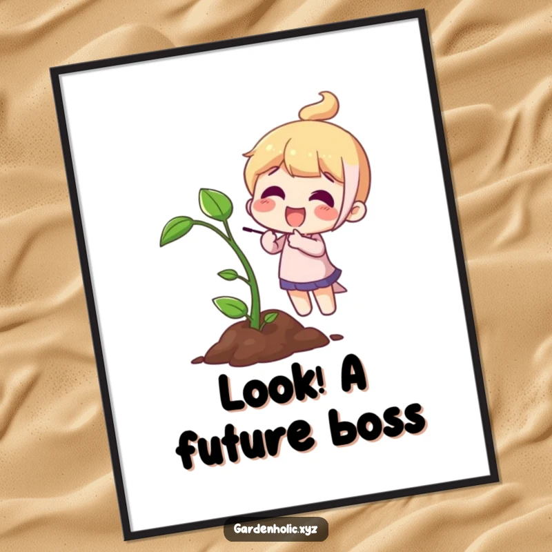 Funny Poster: A character excitedly points to a tiny sprout, symbolizing new life and optimistic beginnings.