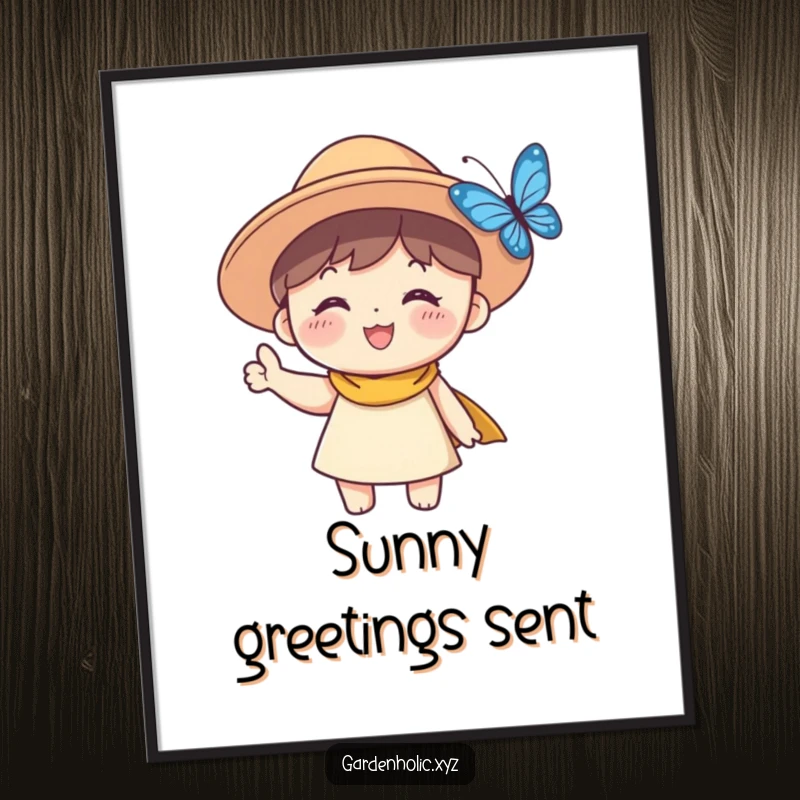 Funny Sun Hat Character Poster: A cheerful character in a sun hat offers a friendly wave to a delicate, fluttering butterfly.