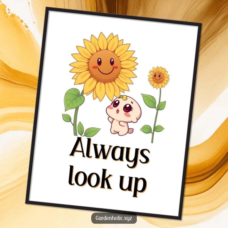 Funny poster illustrating a wide-eyed surprised character looking up at an enormous, smiling sunflower, a whimsical and humorous wall decoration.