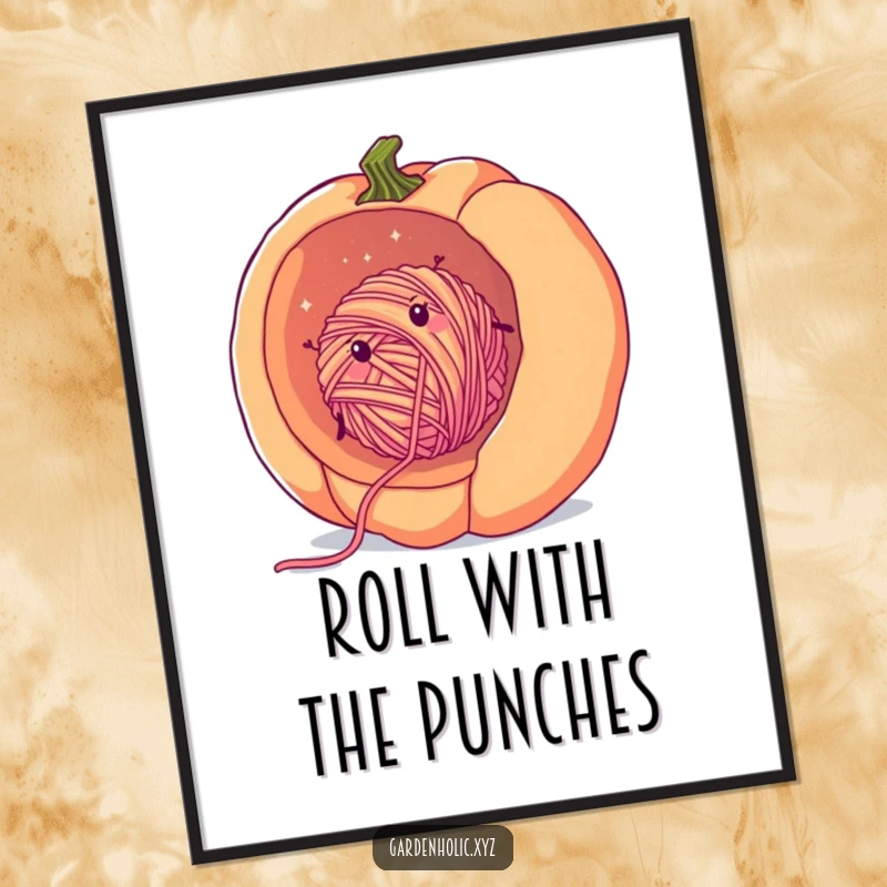 Funny yarn pumpkin poster showing a cheerful, fuzzy ball of yarn rolling downhill inside a giant pumpkin, adding whimsical fall decor.