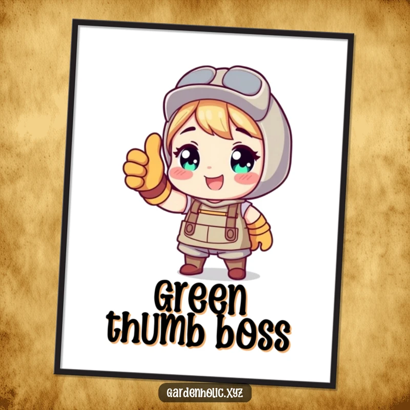 Funny poster depicting a character with gardening gloves giving a thumbs up, celebrating the joy and rewards of gardening.