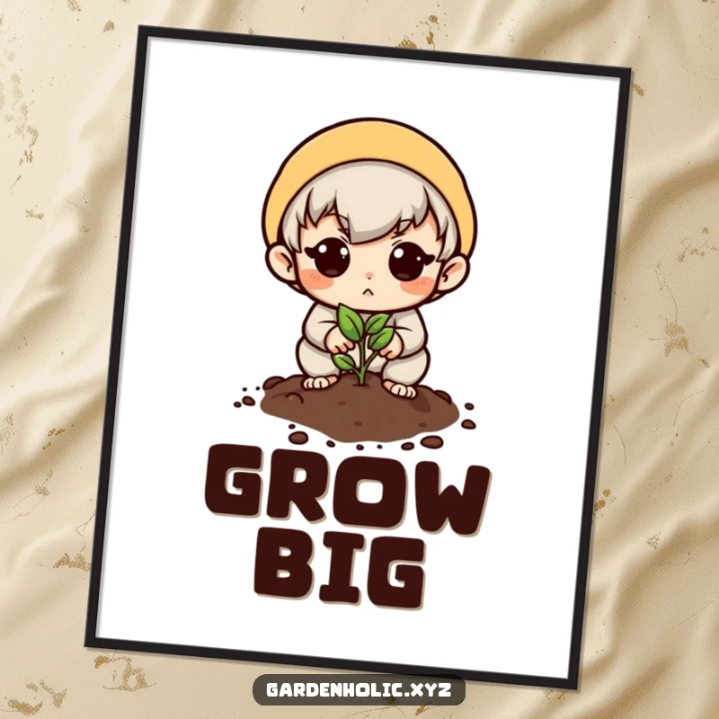 Funny poster of a determined character planting a tiny seed with a hopeful expression, symbolizing new beginnings.