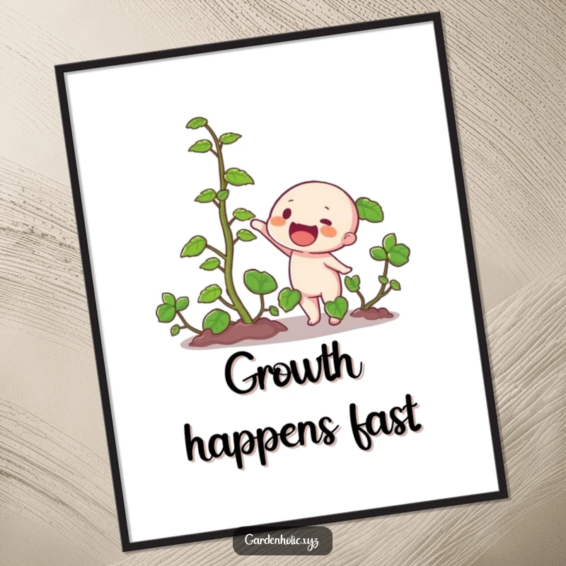 Funny poster of a character excitedly pointing at a thick, rapidly growing vine, representing nature's speed and excitement.