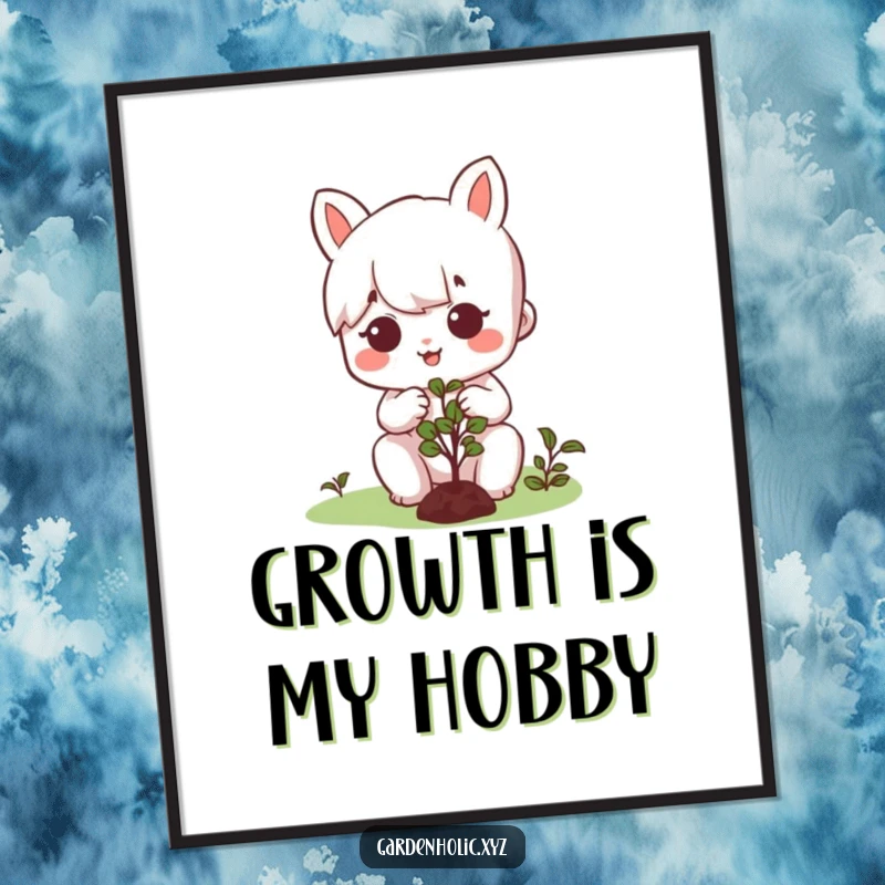 Funny poster showcasing a character with a happy, concentrated expression, delicately pruning a small, perfectly shaped bush.