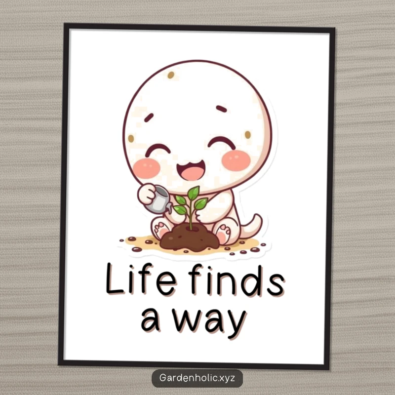 Funny poster of a happy character with visible dirt smudges, tenderly watering a tiny, emerging sprout.