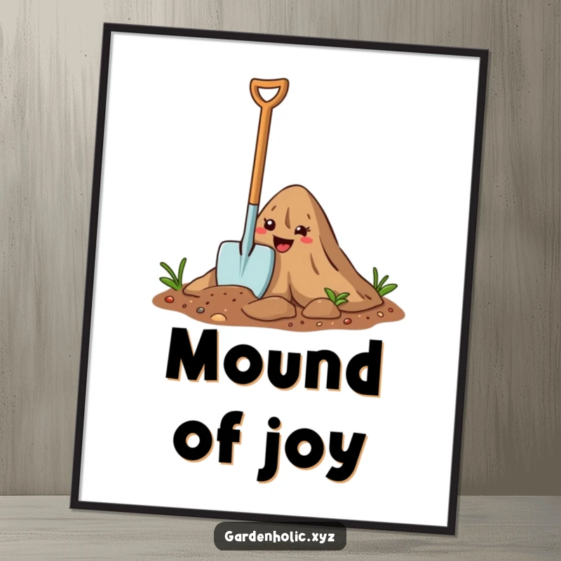 Funny Poster: A happy cartoon trowel digs enthusiastically into a smiley dirt mound, illustrating the joy of gardening.